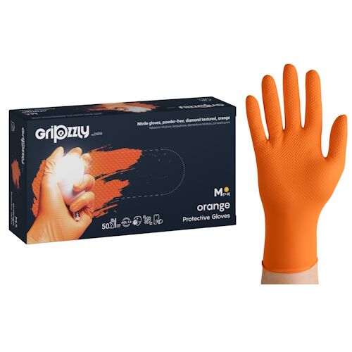 Zarys Gripzzly nitrilinės vienkartinės pirštinės, super stiprios, 8,5g., oranžinės, S/M/L/XL/XXL (50vnt) - Image 1