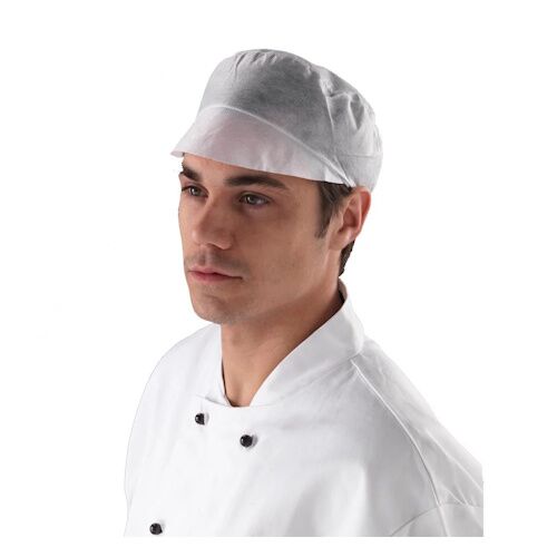 peakshortwhite.jpg Vienkartinės kepurėlės su snapeliu trumpiems plaukams, balta (100vnt) - Image 1