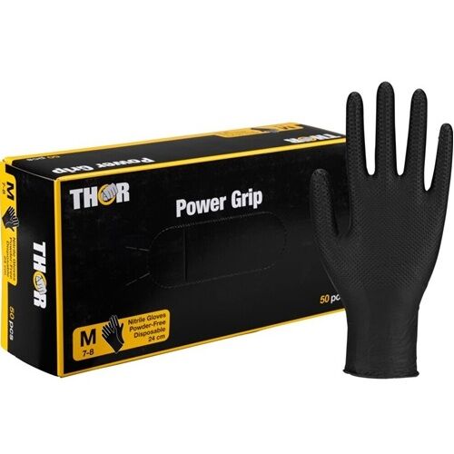 Abena THOR Power Grip nitrilinės vienkartinės pirštinės, labai stiprios, 6.5g, juodos M/L/XL/XXL (50vnt) - Image 1